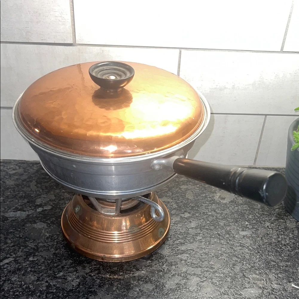 Vintage Copper and Silver Chafing Dish with Lid/ Fondue pot ..